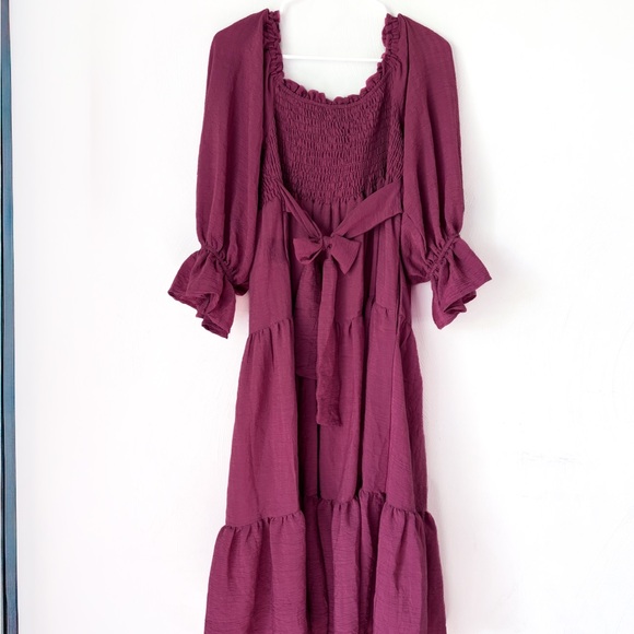 &Merci Smocked Midi Dress Ruffle Bow Square Neck Puff Sleeve Dark Mauve - Picture 4 of 8